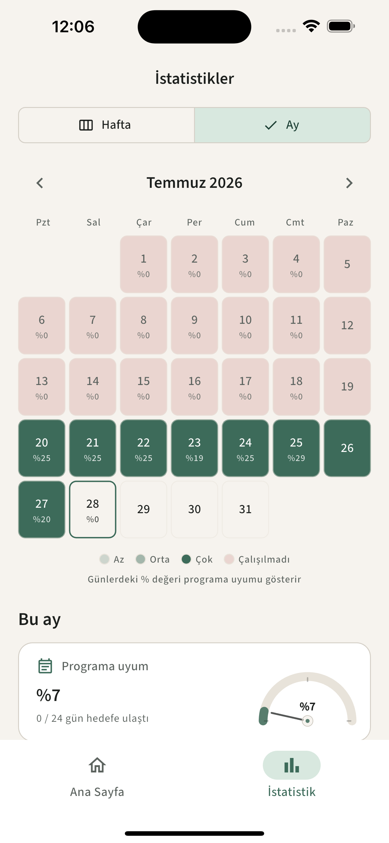 İstatistikler ekranı — aylık çalışma takvimi