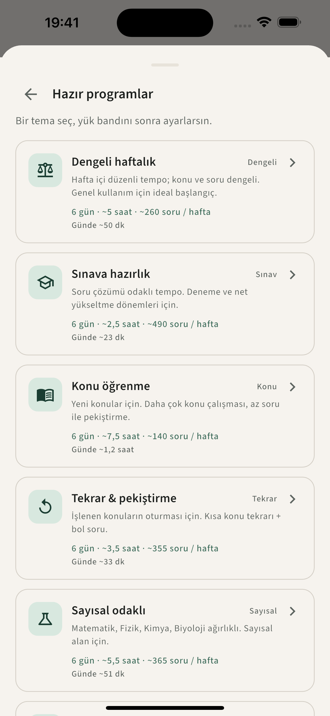 Hazır çalışma programları ekranı