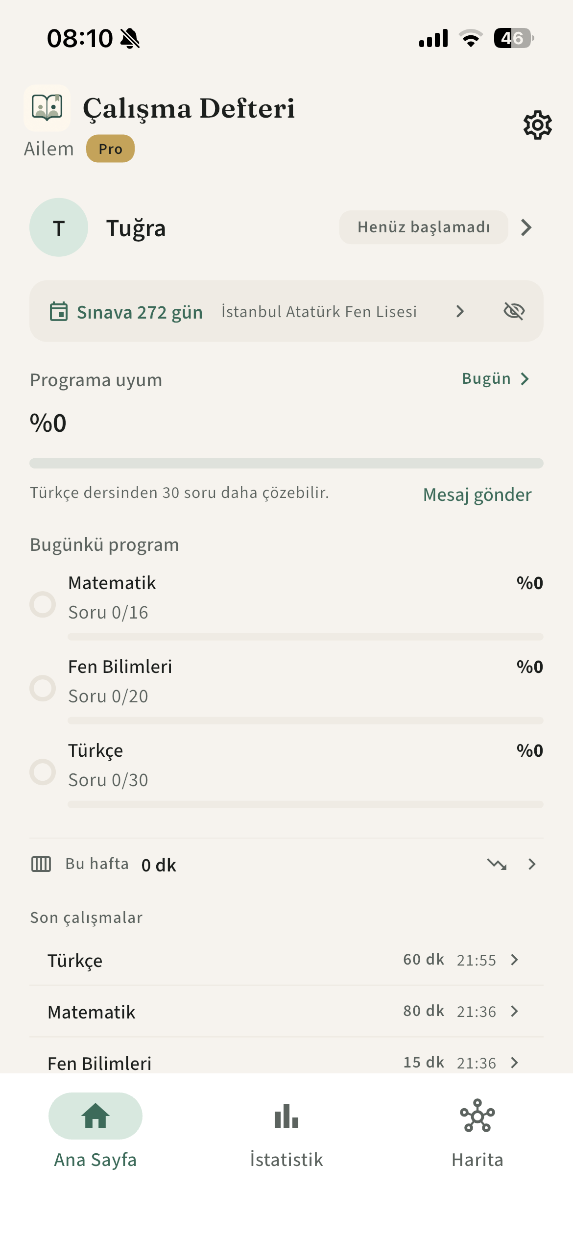 Veli görünümü — günün özeti ve program uyumu