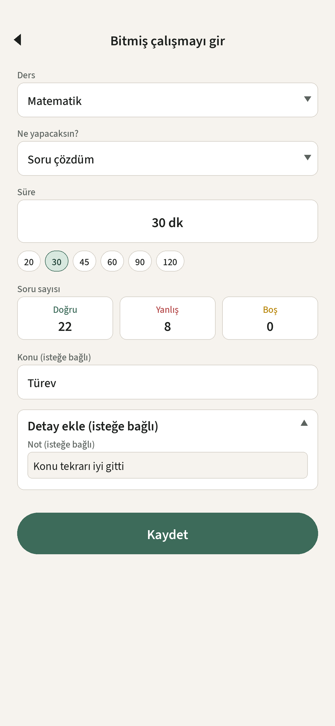 Detay formu: konu, doğru-yanlış-boş, not ve Kaydet