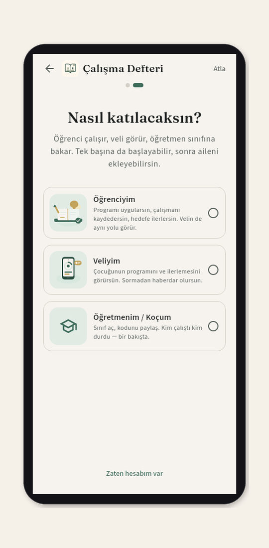 Rol seçimi: Öğrenciyim seçili